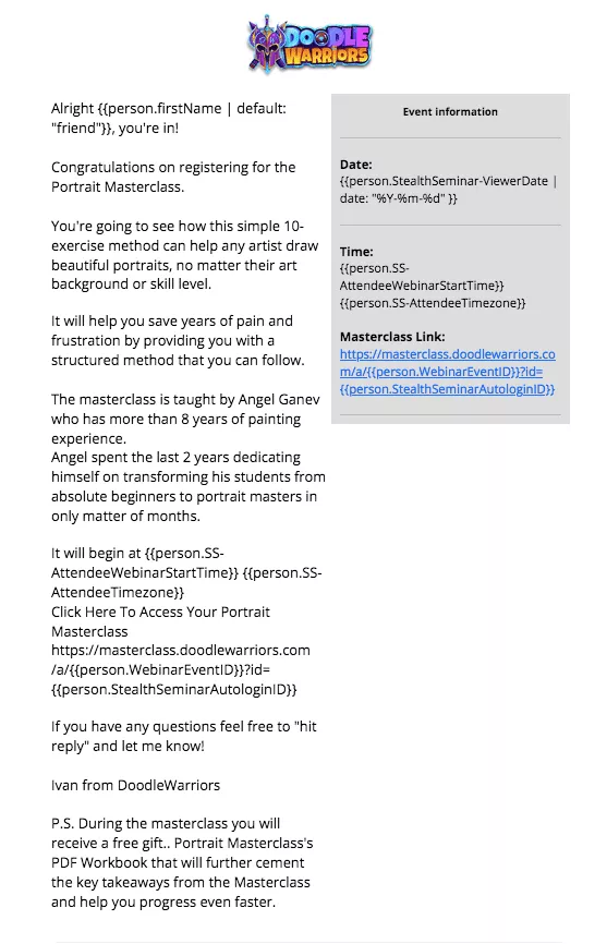 Webinar-Bestätigungs-E-Mail von Doodle Warriors