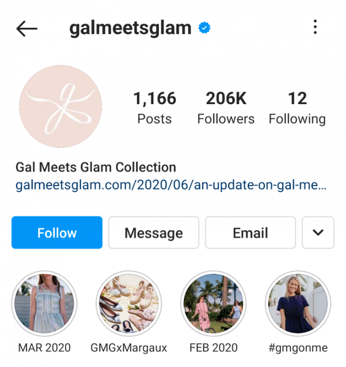 Gal Meets Glam Instagram 스토리 하이라이트 예시