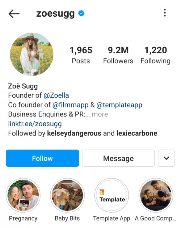 Zoe Sugg Instagram 스토리 하이라이트 예시