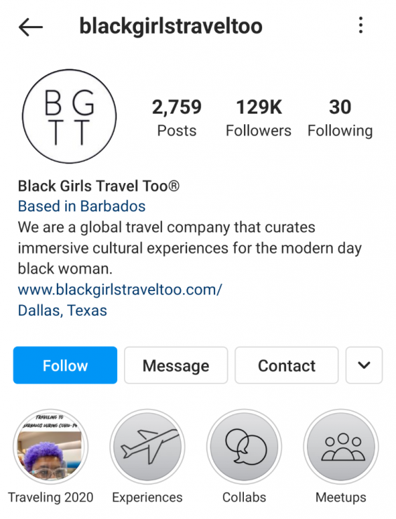 Black Girls Travel Too Instagram 스토리 하이라이트 예시