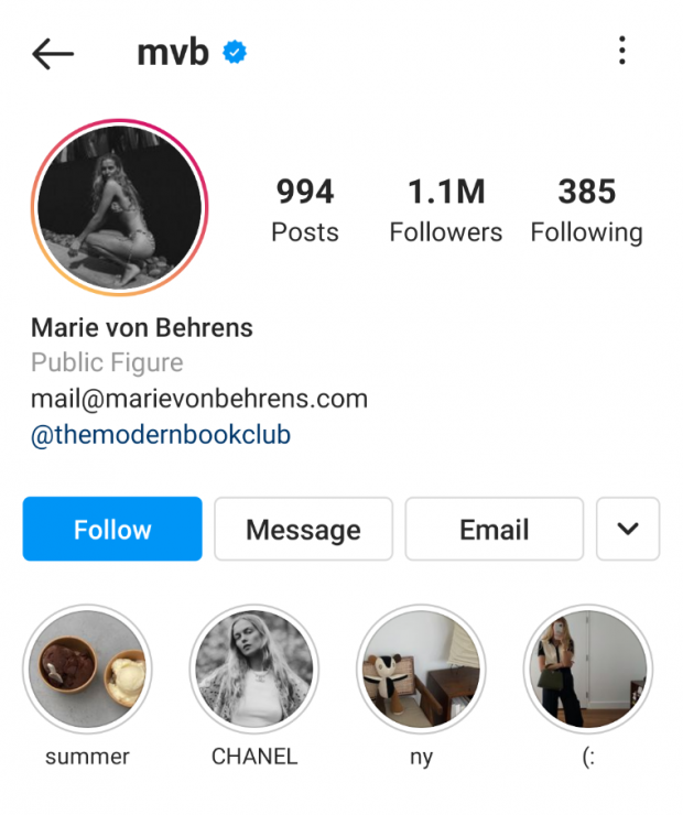 Marie von Behrens Instagram 스토리 하이라이트 예시