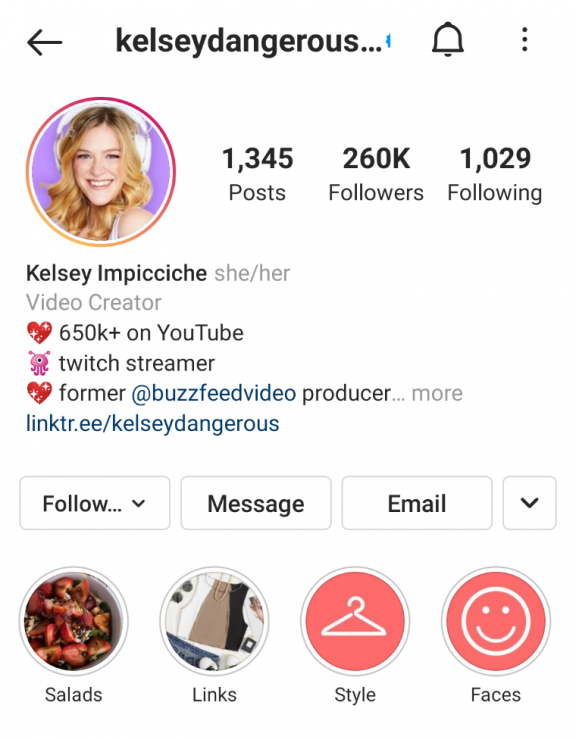Kelsey Impicciche Instagram 스토리 하이라이트 예시