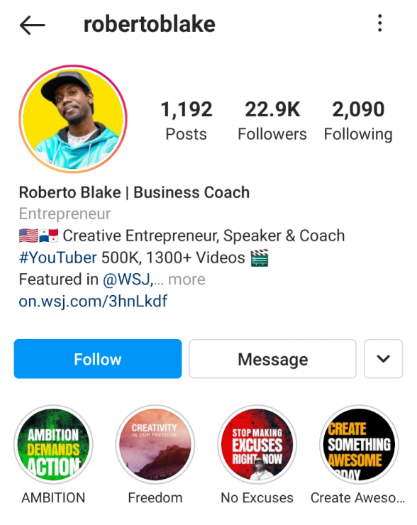 Roberto Blake Instagram 스토리 하이라이트 예시