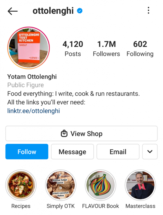 Yotam Ottolengi Instagram 스토리 하이라이트 예시