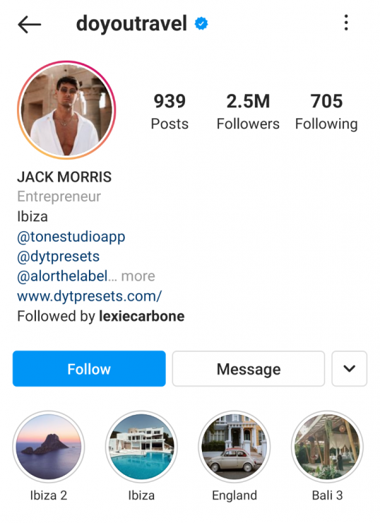 Jack Morris Instagram 스토리 하이라이트 예시