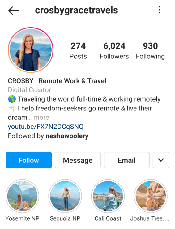 Crosby Grace Travels Instagram 스토리 하이라이트 예시