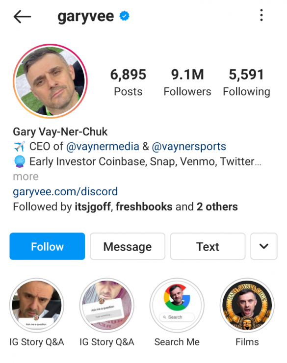 Gary Vaynerchuk Instagram 스토리 하이라이트 예시