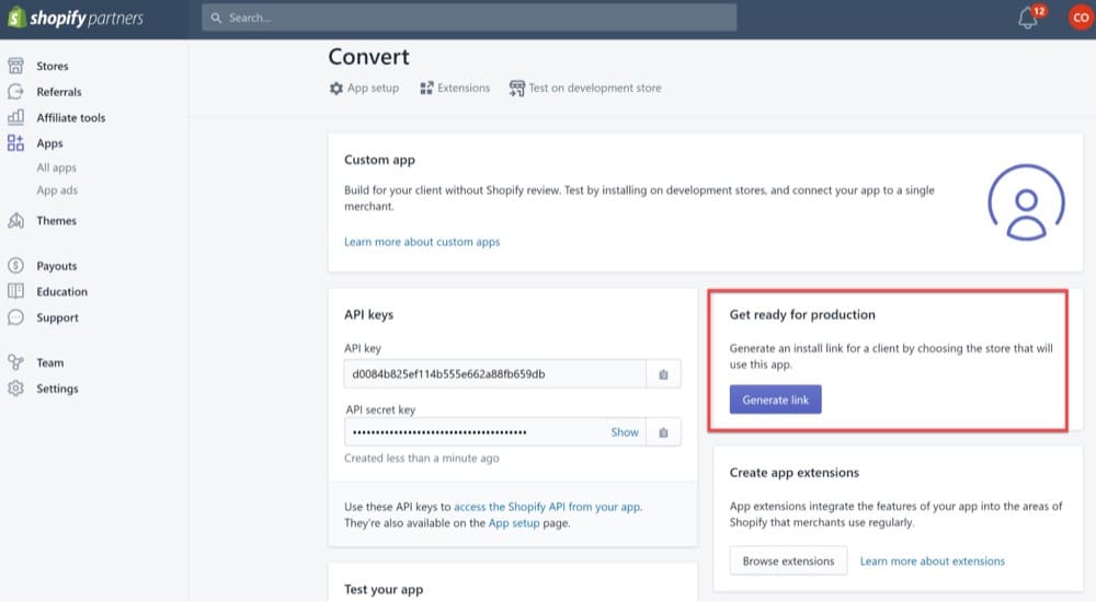 Generate Link to Proceed With the Custom App on Convert Dashboard