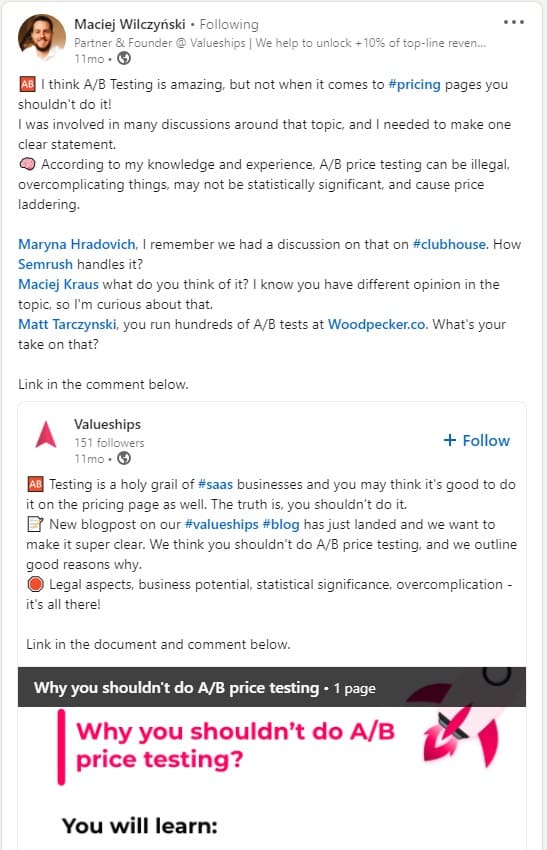 Maciej Wilczyński LinkedIn Post na temat „Kiedy nie testować A/B”