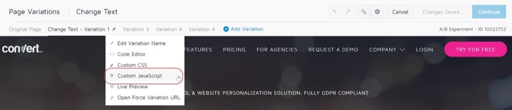 adicionar JavaScript personalizado em Convert Experiences
