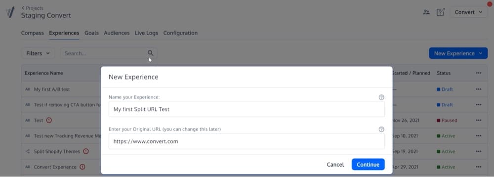 Разделенный URL-адрес имени в Convert Experiences