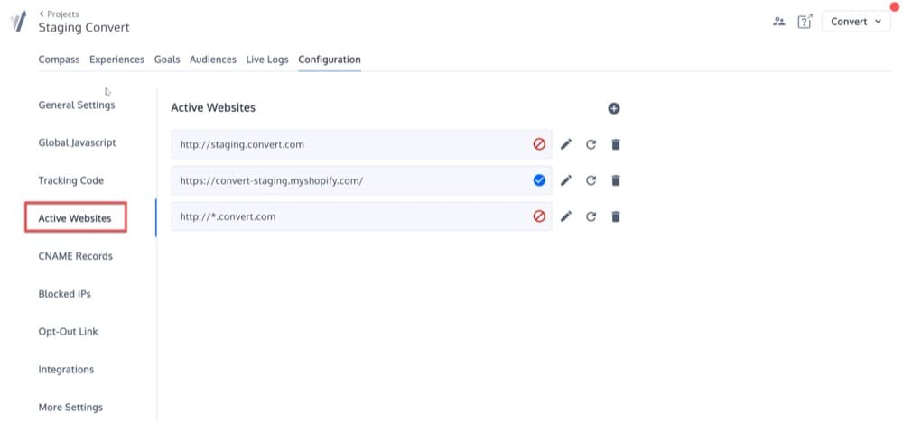 Настройте активные веб-сайты для проверки разделения URL-адресов в Convert Experiences