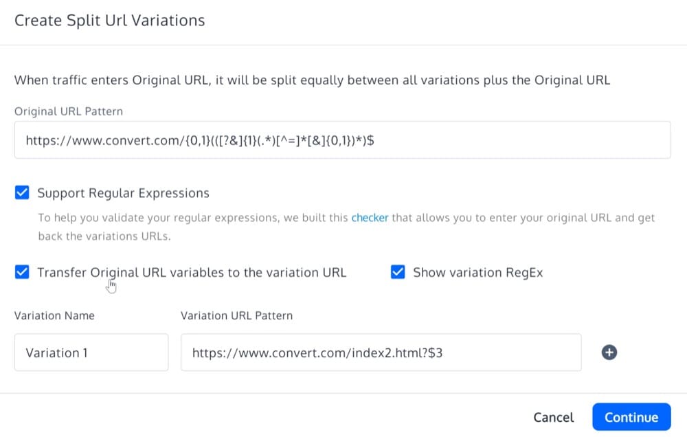 Создайте разделенный URL-адрес с регулярным выражением в Convert Experiences