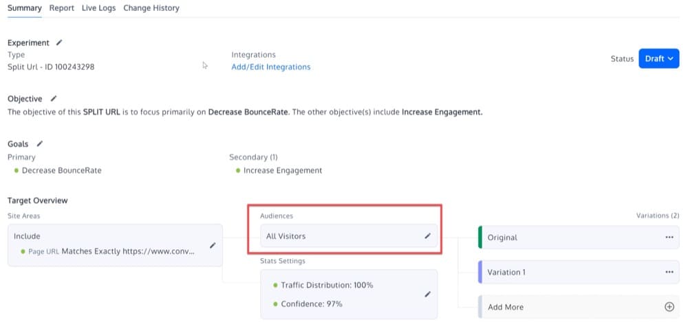 Настройте целевые аудитории для тестирования разделенных URL-адресов в Convert Experiences.