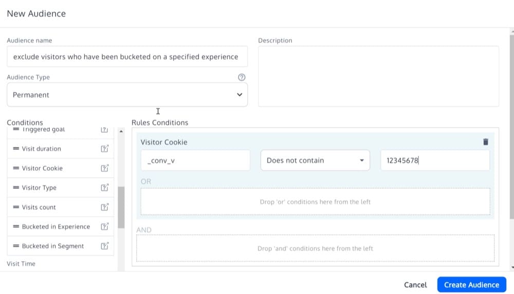 Условия правила аудитории для теста разделенного URL-адреса в Convert Experiences