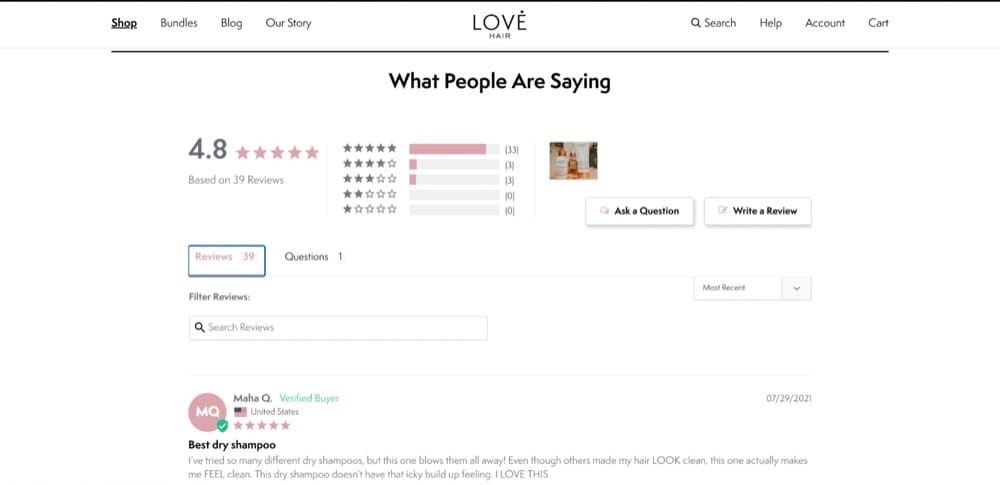 รีวิวหน้าสินค้าของ Love Hair