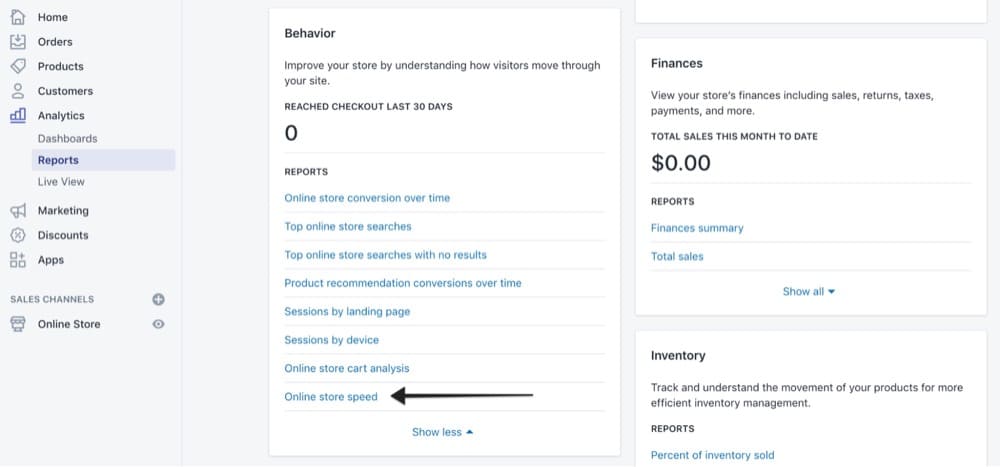 Shopify Analytics 报告在线商店速度