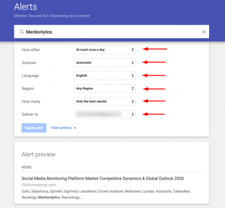opzioni di avvisi di Google