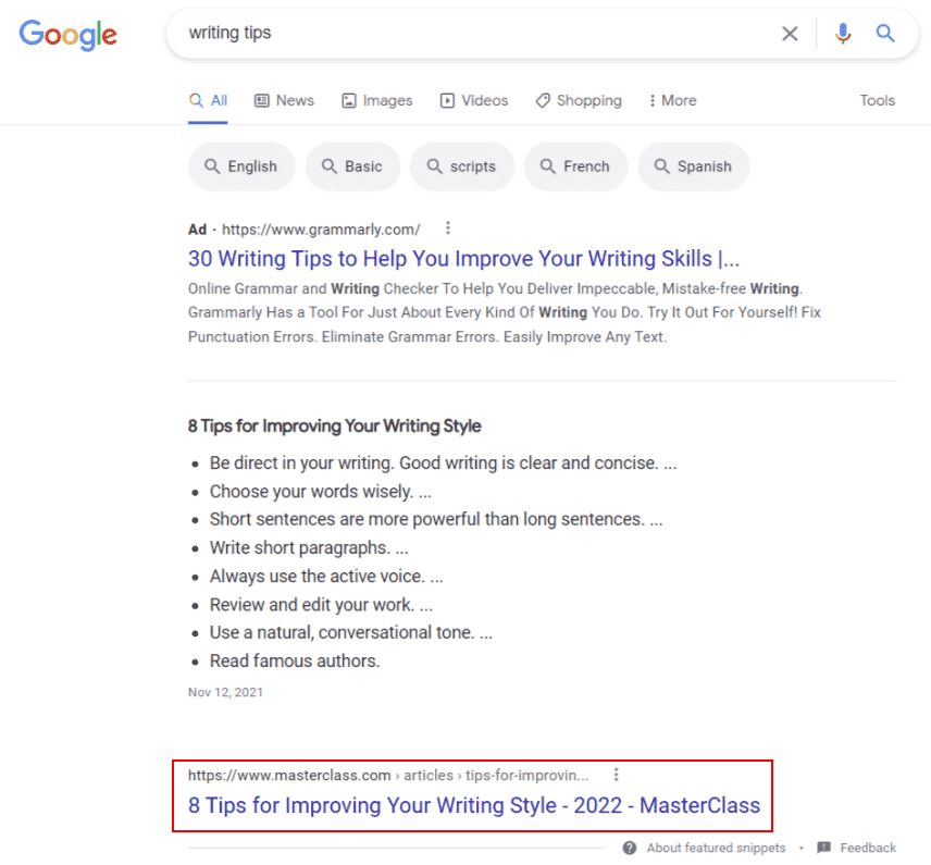 글쓰기 팁을 위한 구글 serp