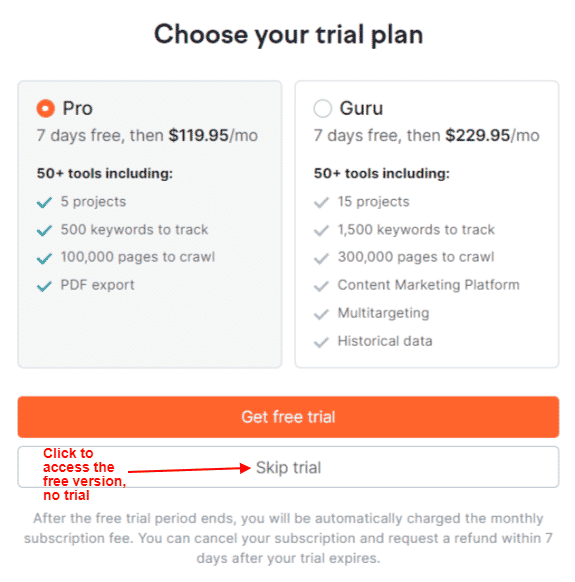 semrush 무료 평가판 가입