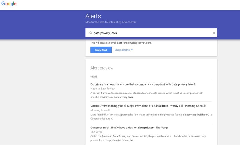 configurarea Alerte Google pentru termenii corespunzători