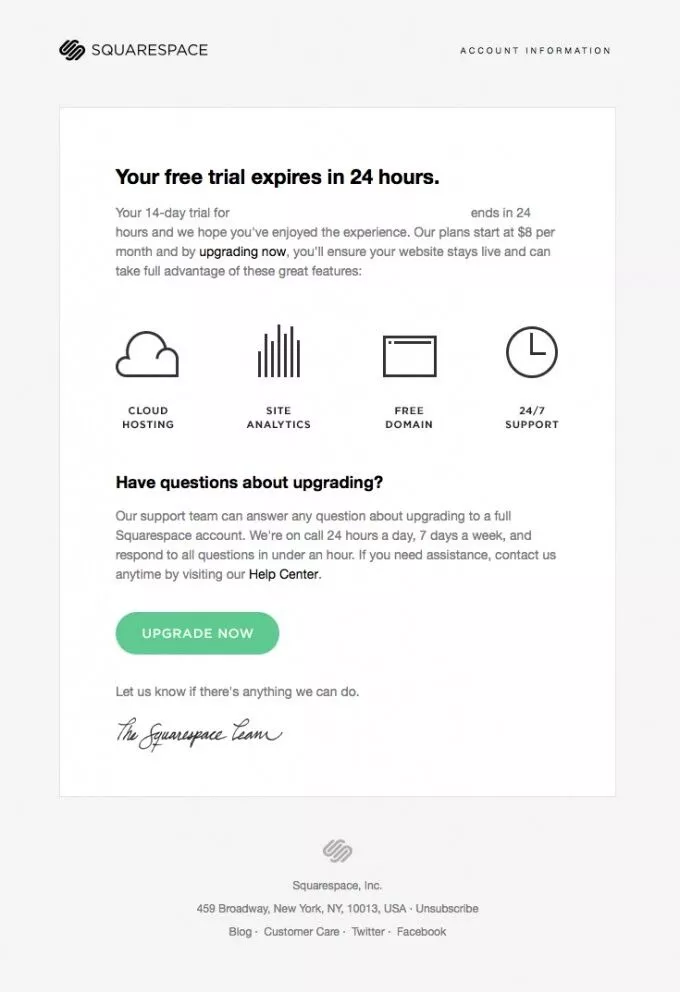 Squarespace يؤدي البريد الإلكتروني التنشئة