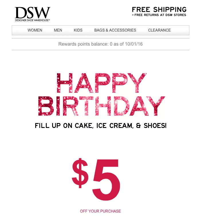 Exemplo de e-mail de aniversário B2C da DSW