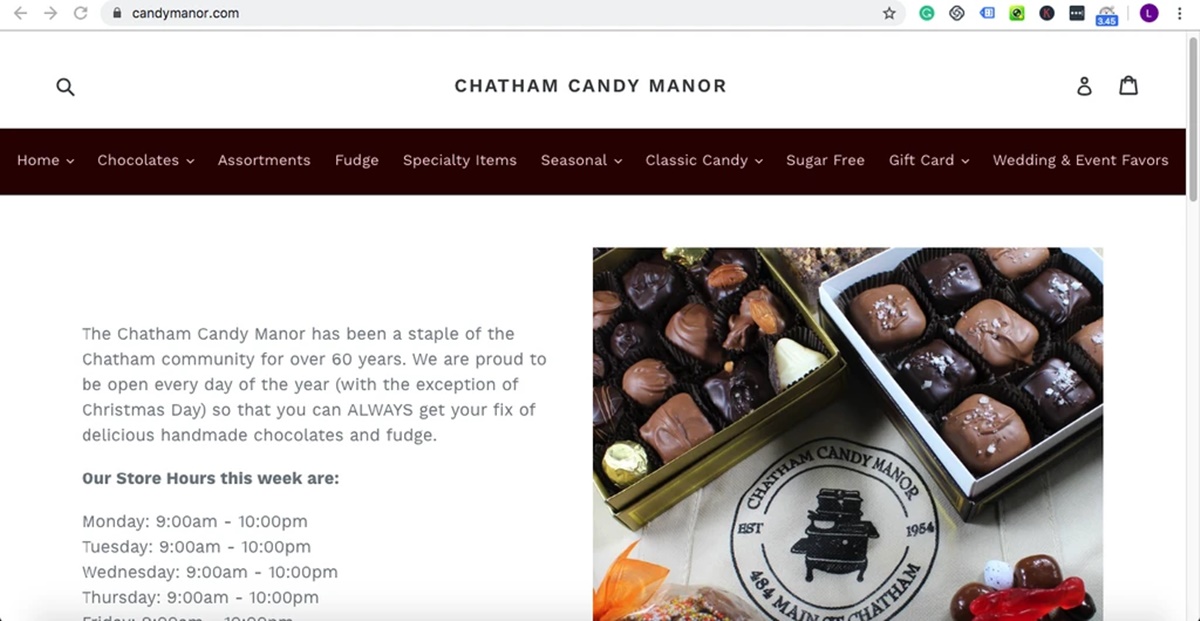 отображать Chatham Candy Manor в дебютных темах Shopify