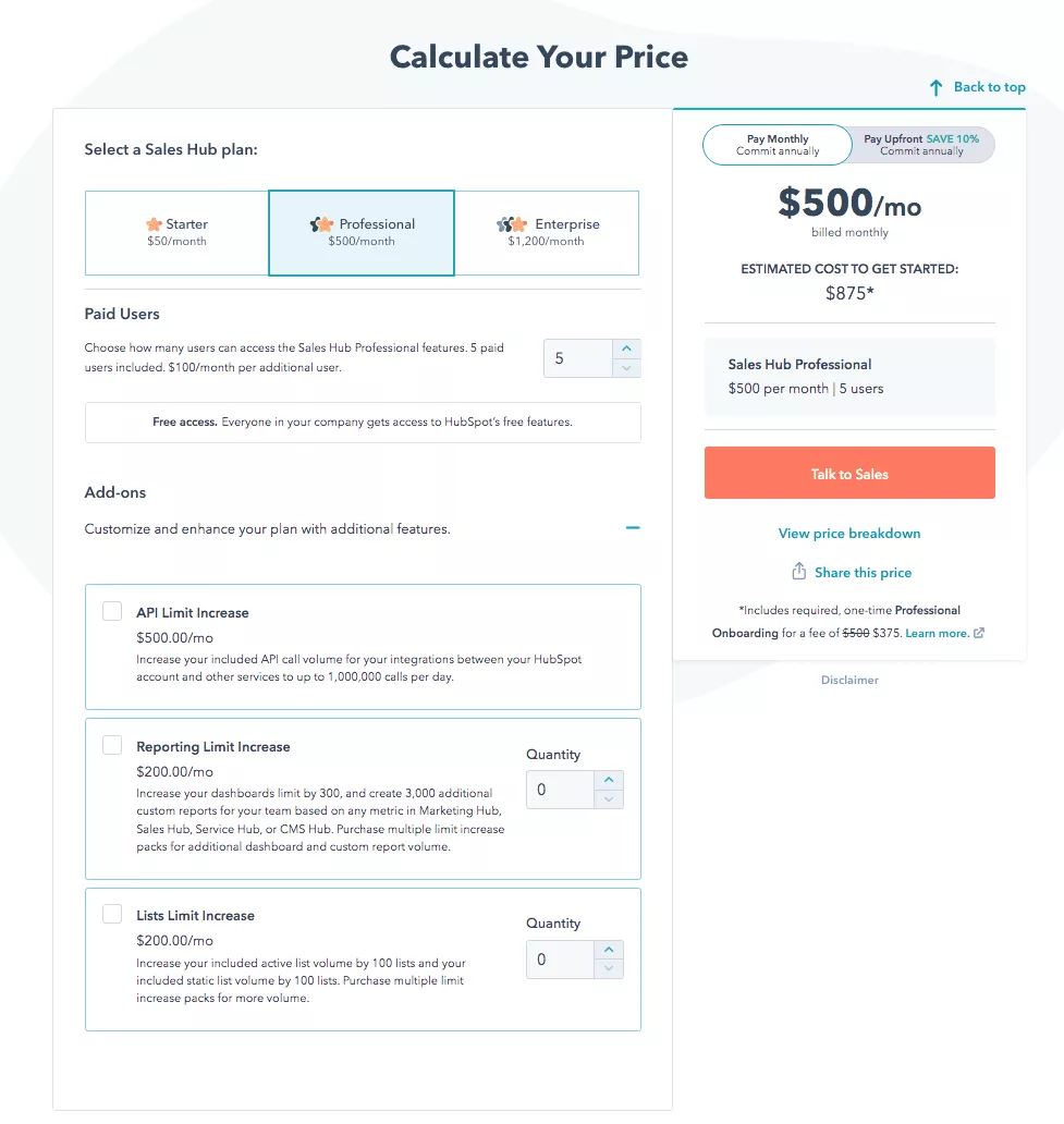 Captură de ecran HubSpot Calculați prețul planului