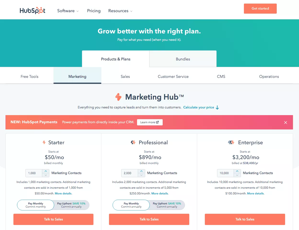 Captură de ecran din pagina de prețuri HubSpot