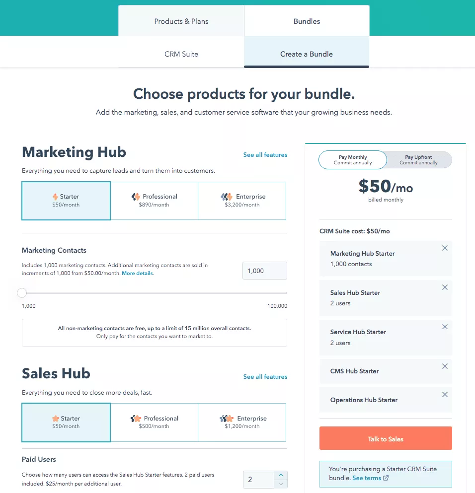 Captură de ecran HubSpot Creați un pachet de plan