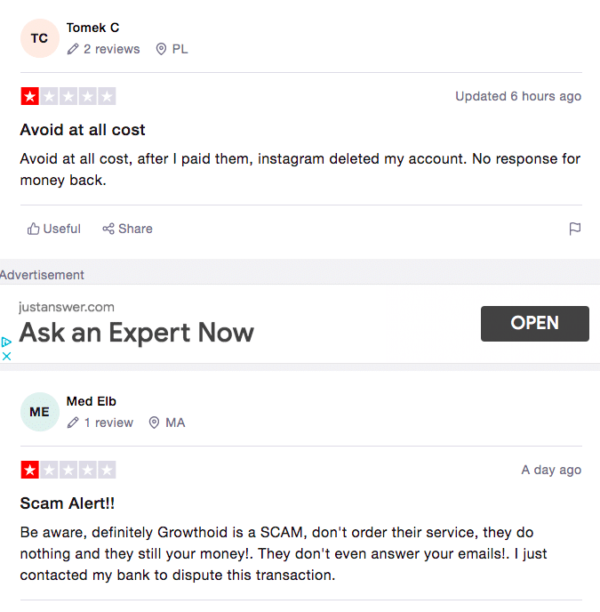 TrustPilot examinează exemple pentru Growthoid