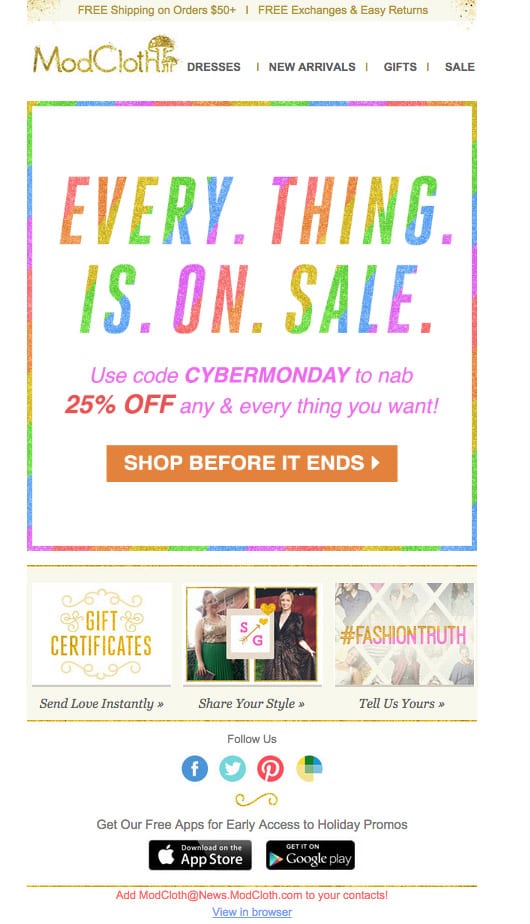 E-mail colorido da Black Friday da ModCloth