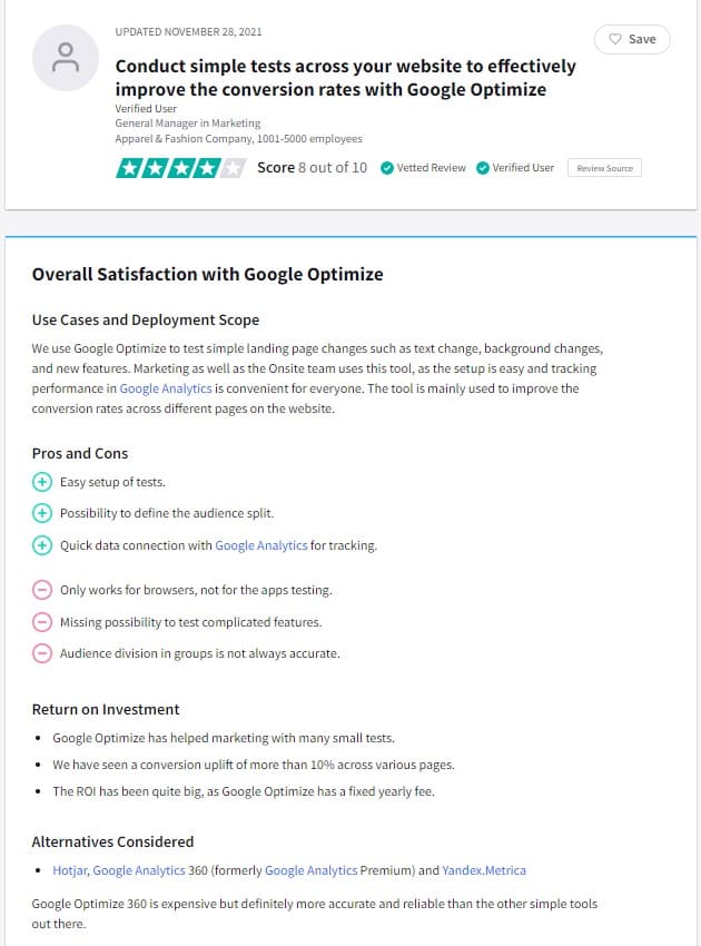 Examen de Google Optimize TrustRadius