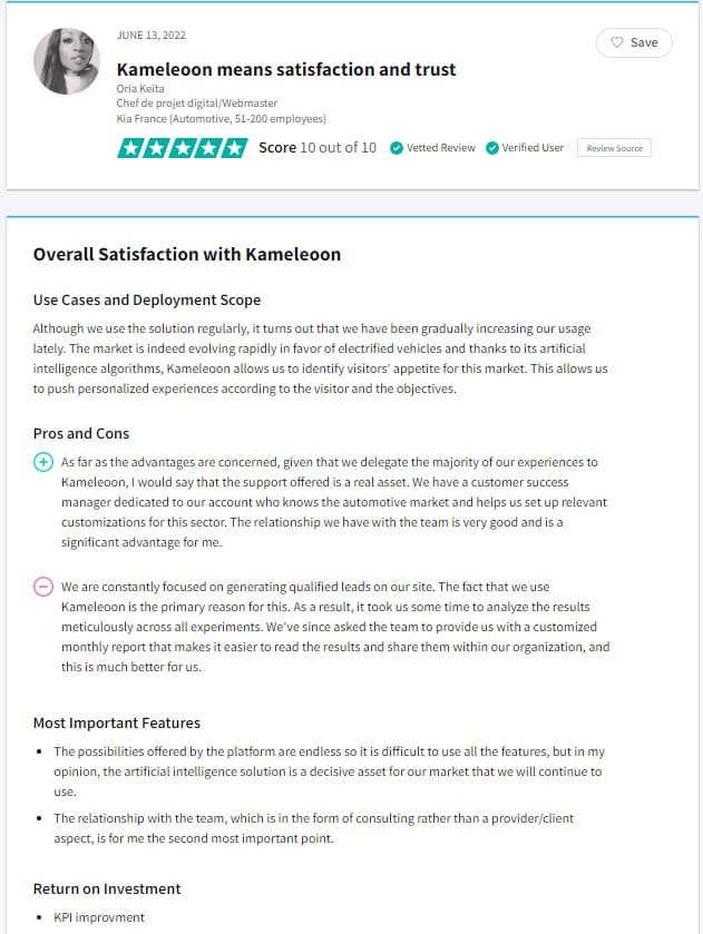 Évaluation de Kameleoon TrustRadius