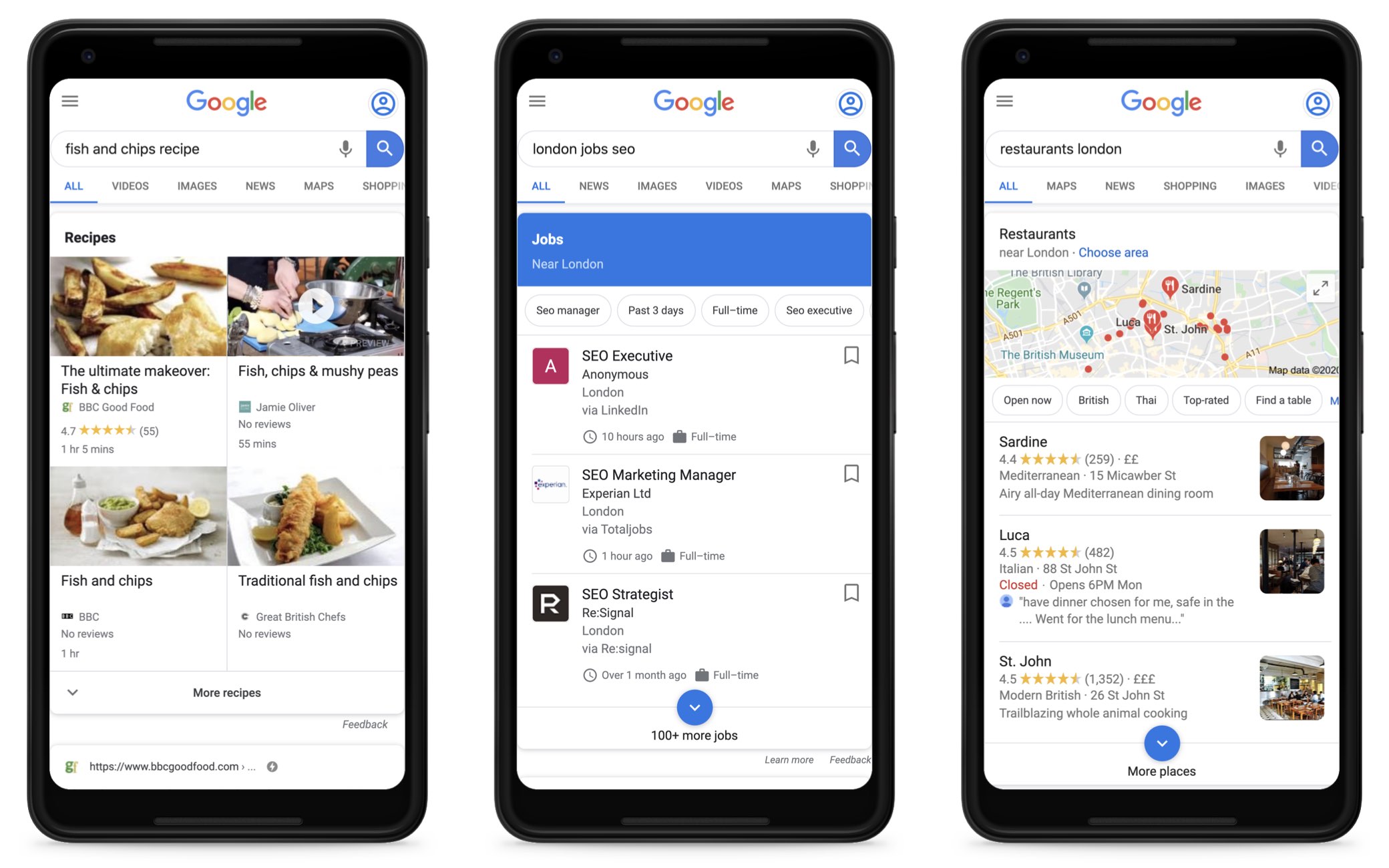 スマートフォンの画面でGoogleが検索した3つのスクリーンショット。 1つ目は「フィッシュアンドチップスレシピ」、2つ目は「ロンドンジョブソ」、3つ目は「レストランロンドン」です。毎回、各業界のGoogle所有の情報ボックスが表示されます。