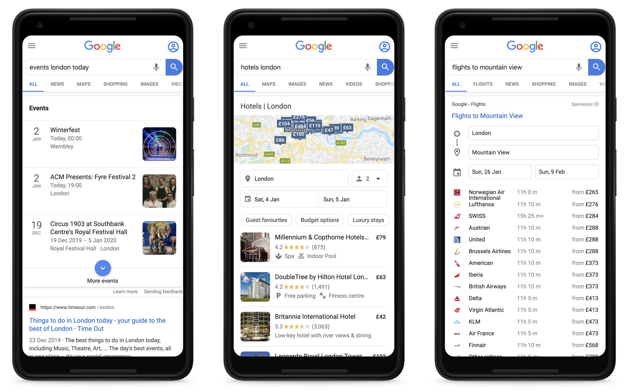 スマートフォンの画面でGoogleが検索した3つのスクリーンショット。 1つ目は「今日のイベントロンドン」、2つ目は「ホテルロンドン」、3つ目は「マウンテンビューへのフライト」です。毎回、各業界のGoogle所有の情報ボックスが表示されます。