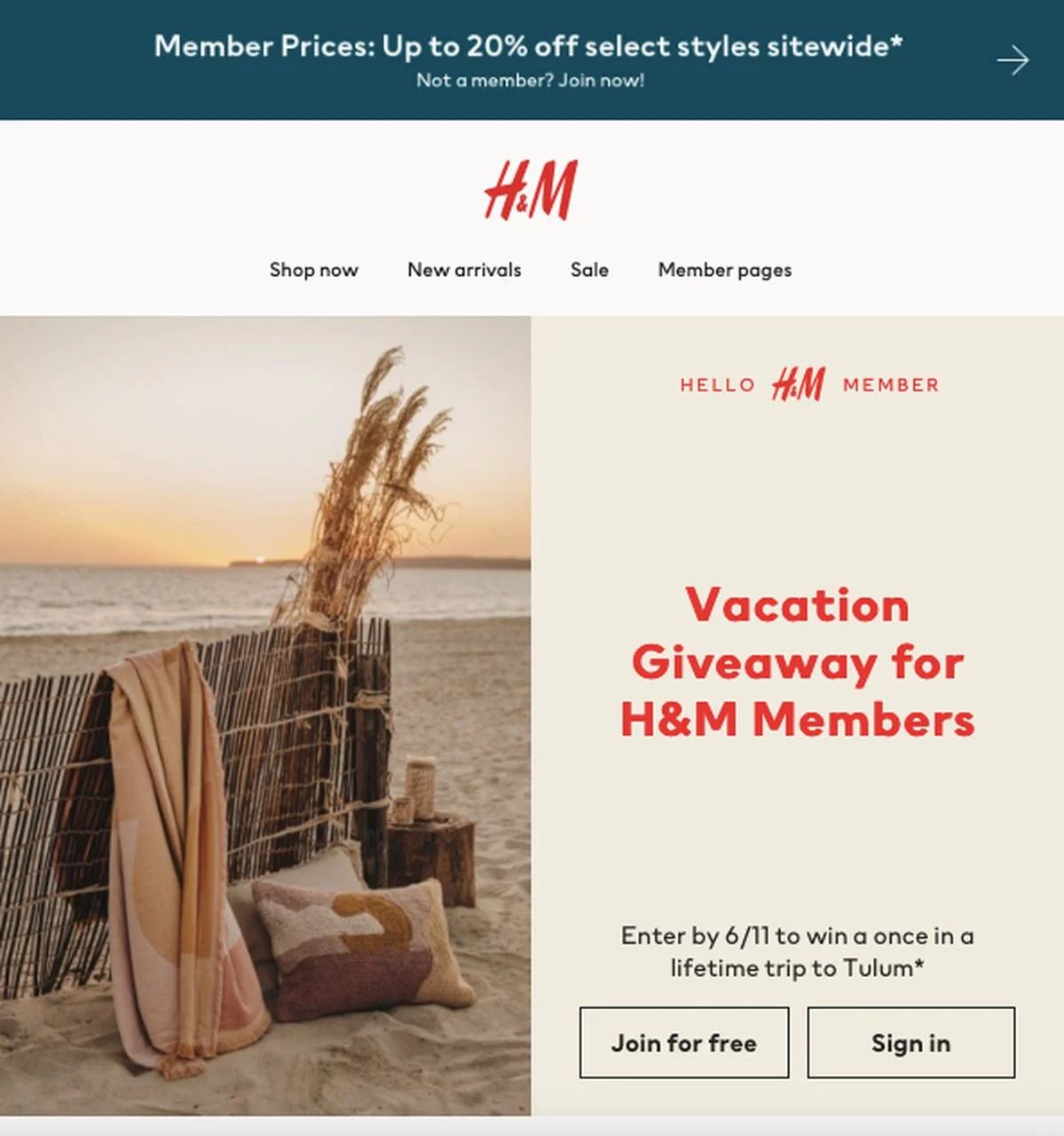 Correo electrónico de regalo solo para miembros de H&M