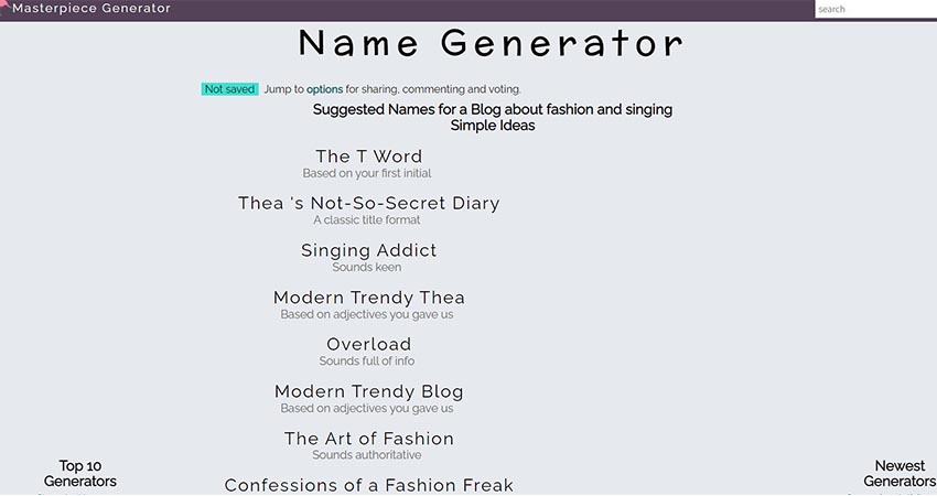 homepage del generatore di nomi del blog