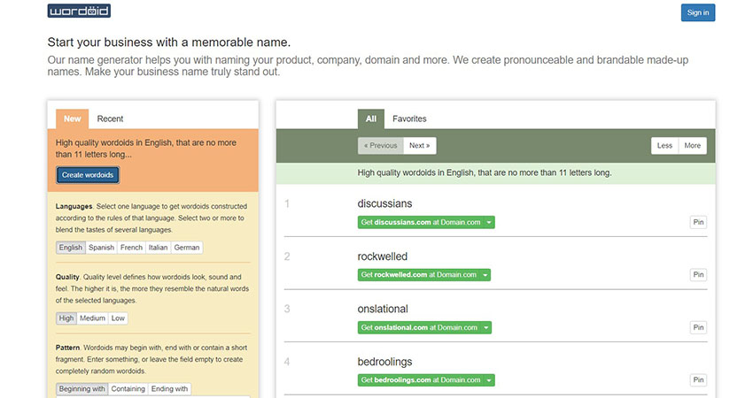 homepage del generatore di nomi del blog