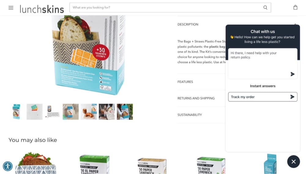 Contoh toko Shopify dari kotak obrolan langsung LunchSkins