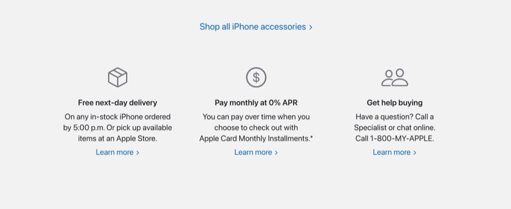 Apple ürün sayfası analizi, müşteri hizmetleri, nakliye, ödeme için önemli bağlantılar