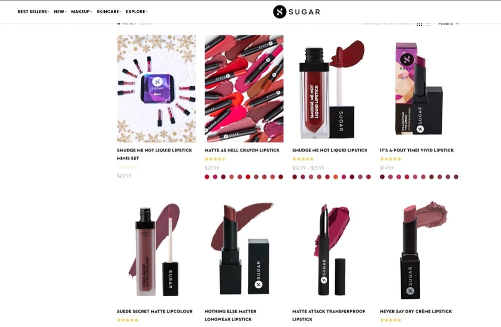 مثال على صفحة منتجات التجارة الإلكترونية التي تسرد منتجات Sugar Cosmetics