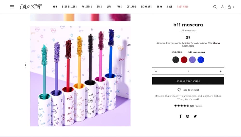 exemplo de site de produto Colorpop