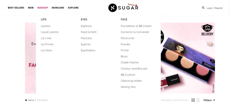exemplo de menu suspenso de página de produto de comércio eletrônico Sugar Cosmetics