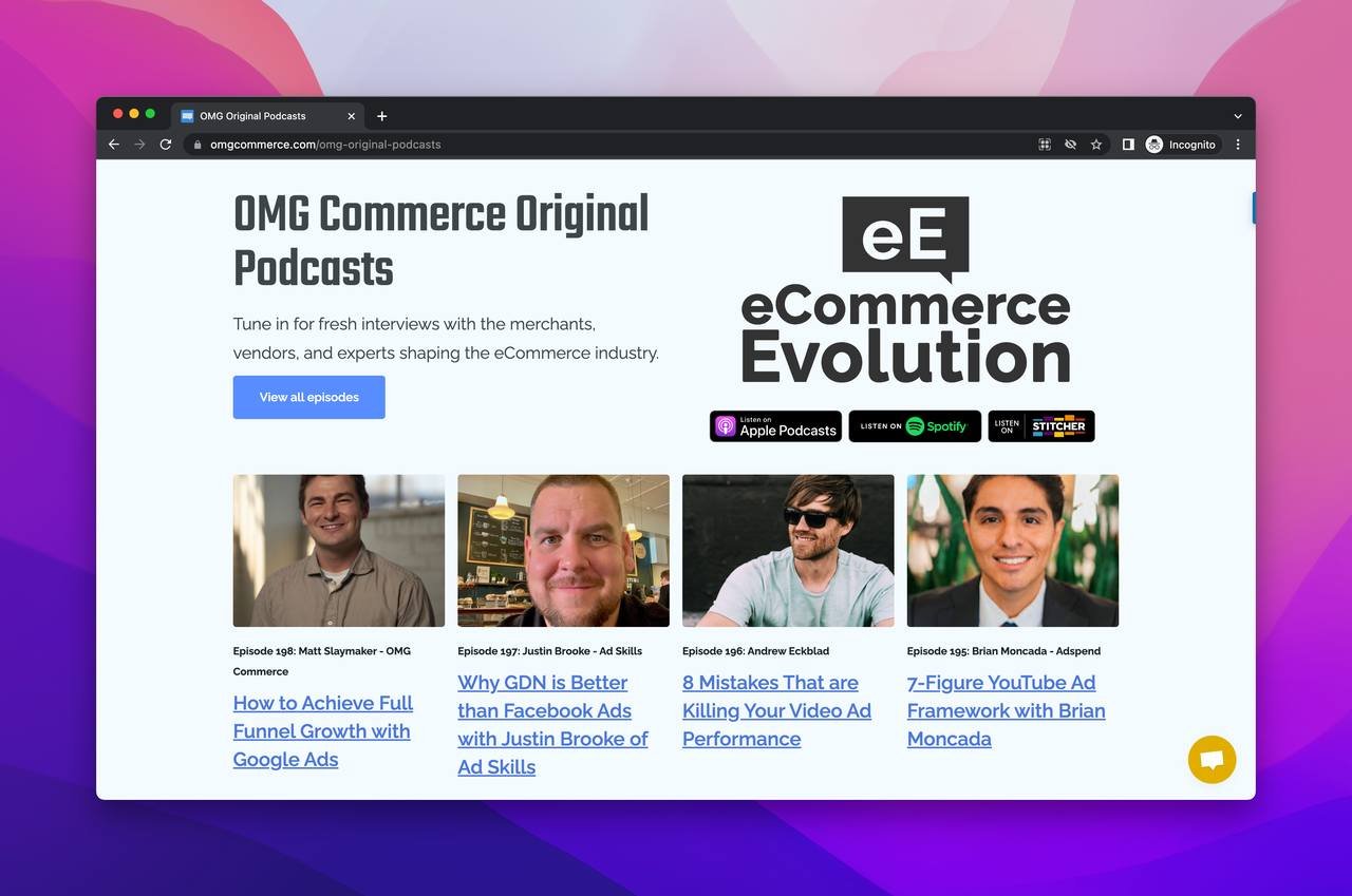 a screenshot of ecommerce evolution podcast website showing the lates wpisodes published and the logo of the brand