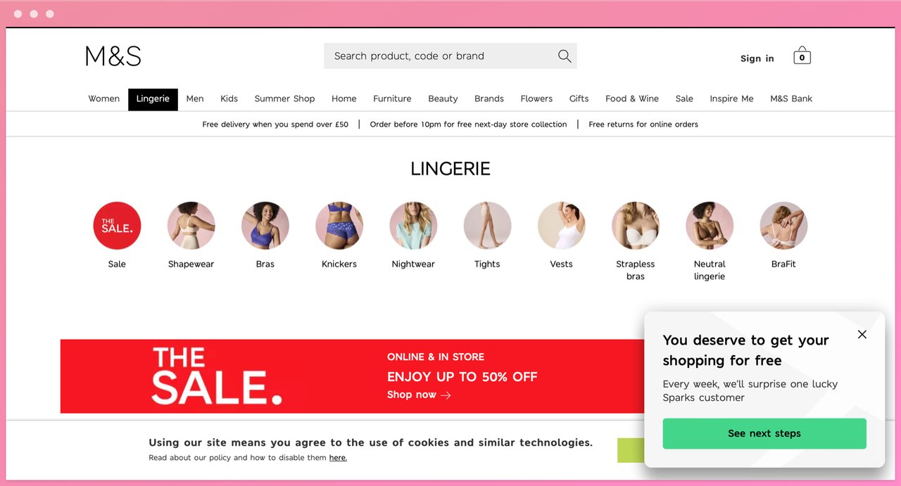 marks and spencer homepage different underwear types, a big red sale banner and a popup offering free shipping on the right bottom corner