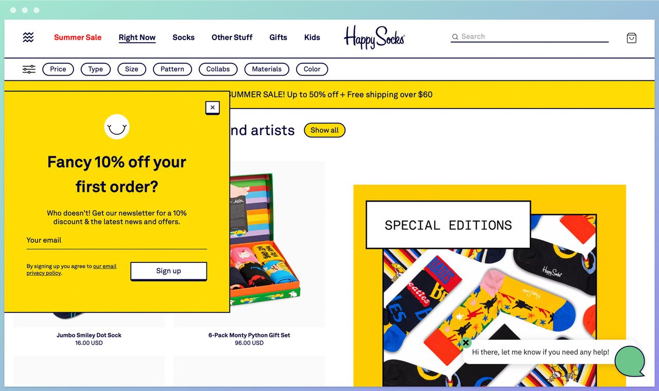 happy socks homepage showing a yellow sidebar popup offerin 10% off with an email address box and special edition socks picture next to it