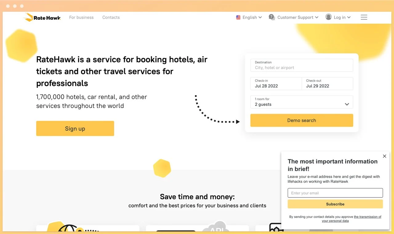 ratehawk's yellow and white colored homepage with a trip plan calendar on the right and a subscribe popup below 