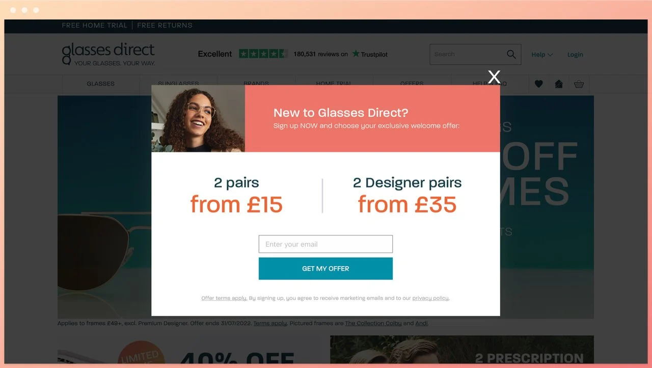 glasses direct homepage popup offering two different discount campaigns